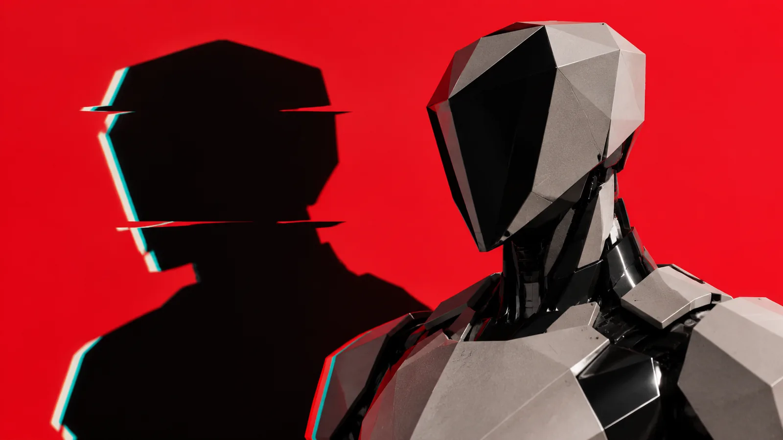 RH-01 design study: faceted helmet and shoulders against a red wall, its shadow torn by a glitch.